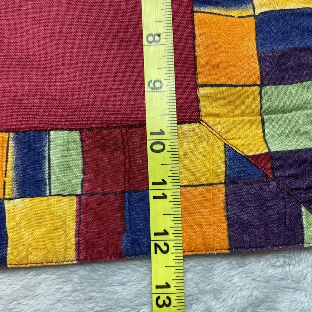 6 Boho Check Border Placemats 17.5x12.5 Red Multicolor Stained Glass Motif Artsy